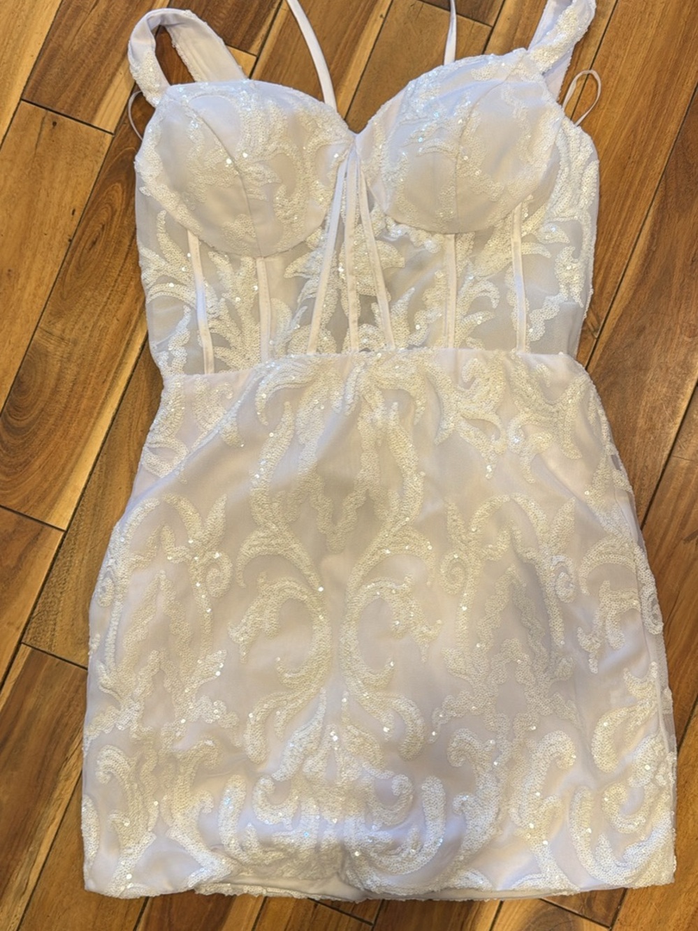 White Sequin Lace Bustier Mini Dress
